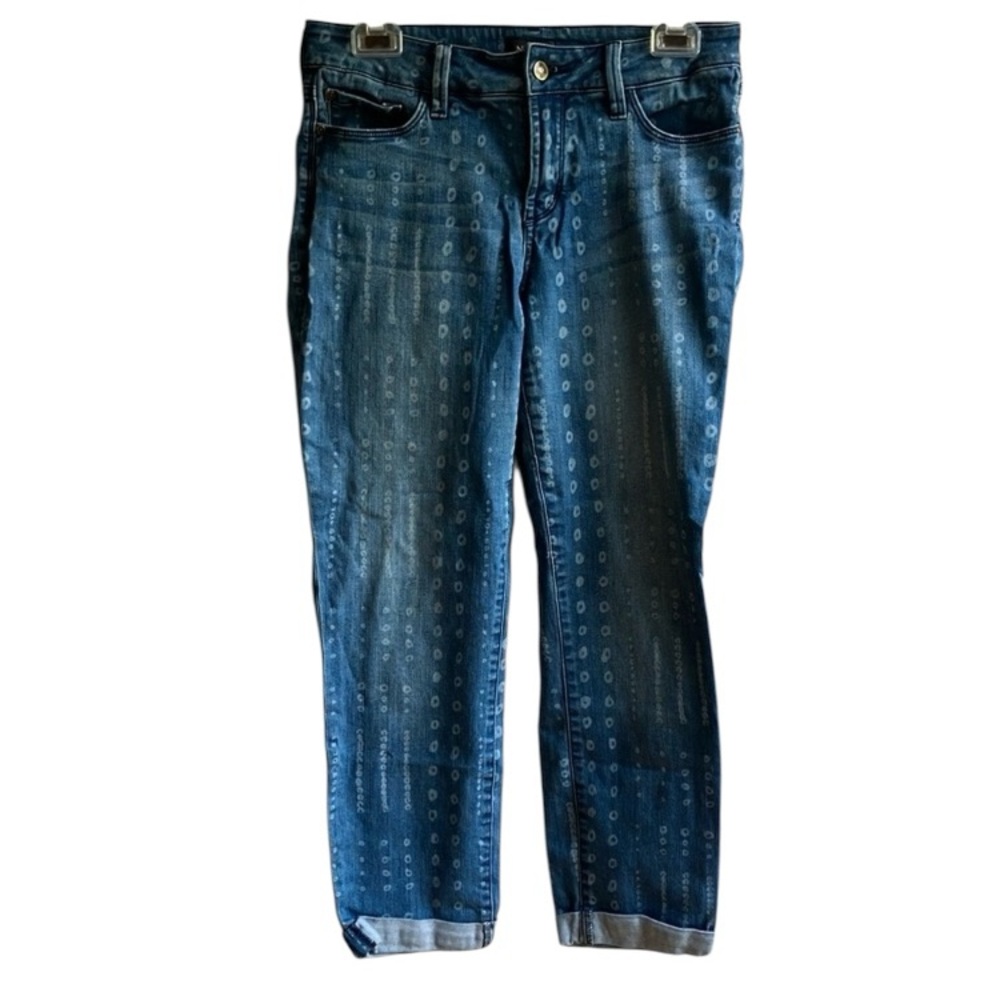 NYDJ Bleach Patterned Denim Jeans Size 2 Straight Leg Cuffed Hem Distressed Boho